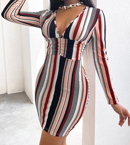 Body Con V Neck Stripe Mini