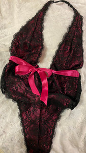 Exotic Black Lace Teddy with Hot Pink Waist Tie